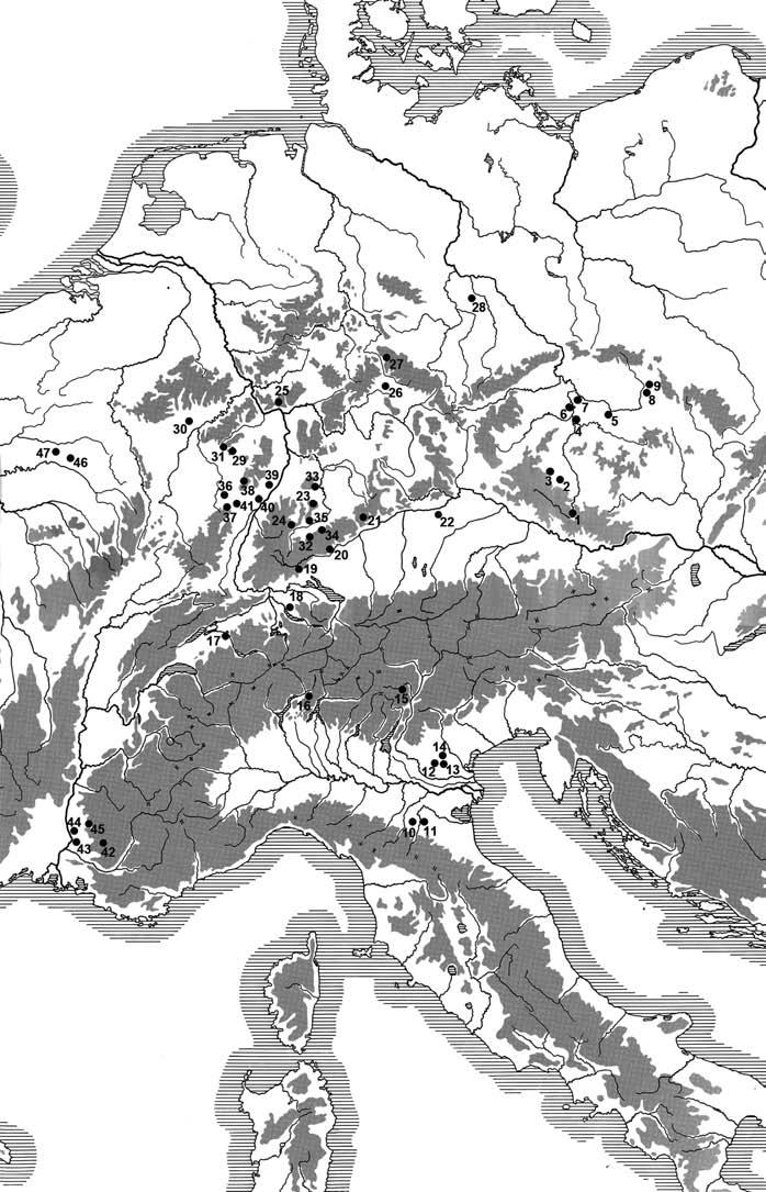 600 Obr. 14. Mapa rozšíření skleněných kroužků ve střední a jižní Evropě (podle Haevernick 1975; Chytráček Chvojka John et al. 2015, doplněno).