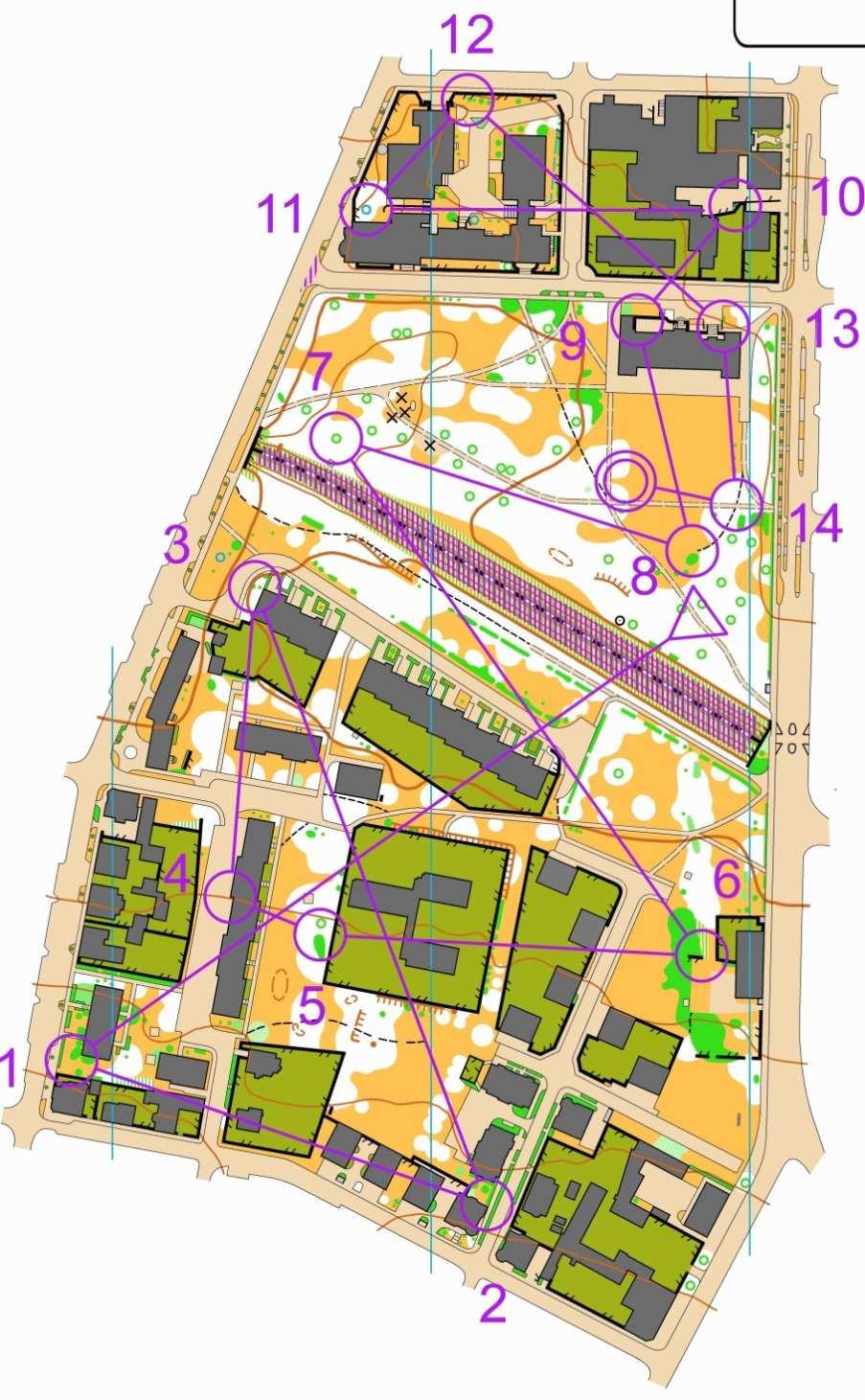 Mariánskolázeňský sprint, 22.10.2017 Analýza postupů na trati B Prostor závodu zahrnuje malé sídliště, malý park a uzavřený areál školy. Uprostřed mapy prochází železniční trať.