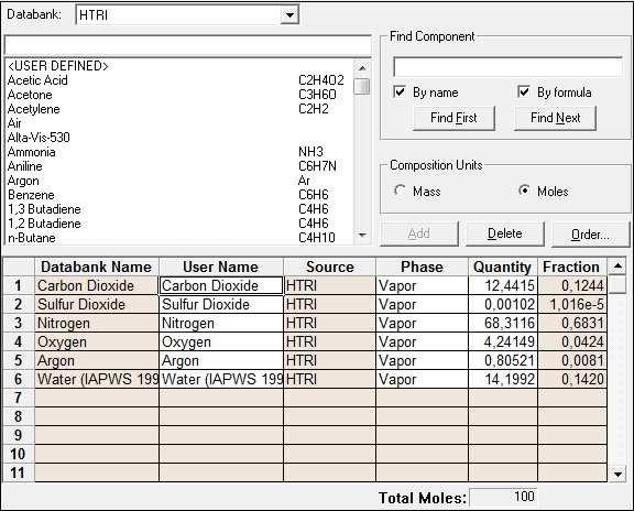 V okně Input Summary Hot Fluid Properties Components zadáváme relativné hodnoty množství složek spalin.