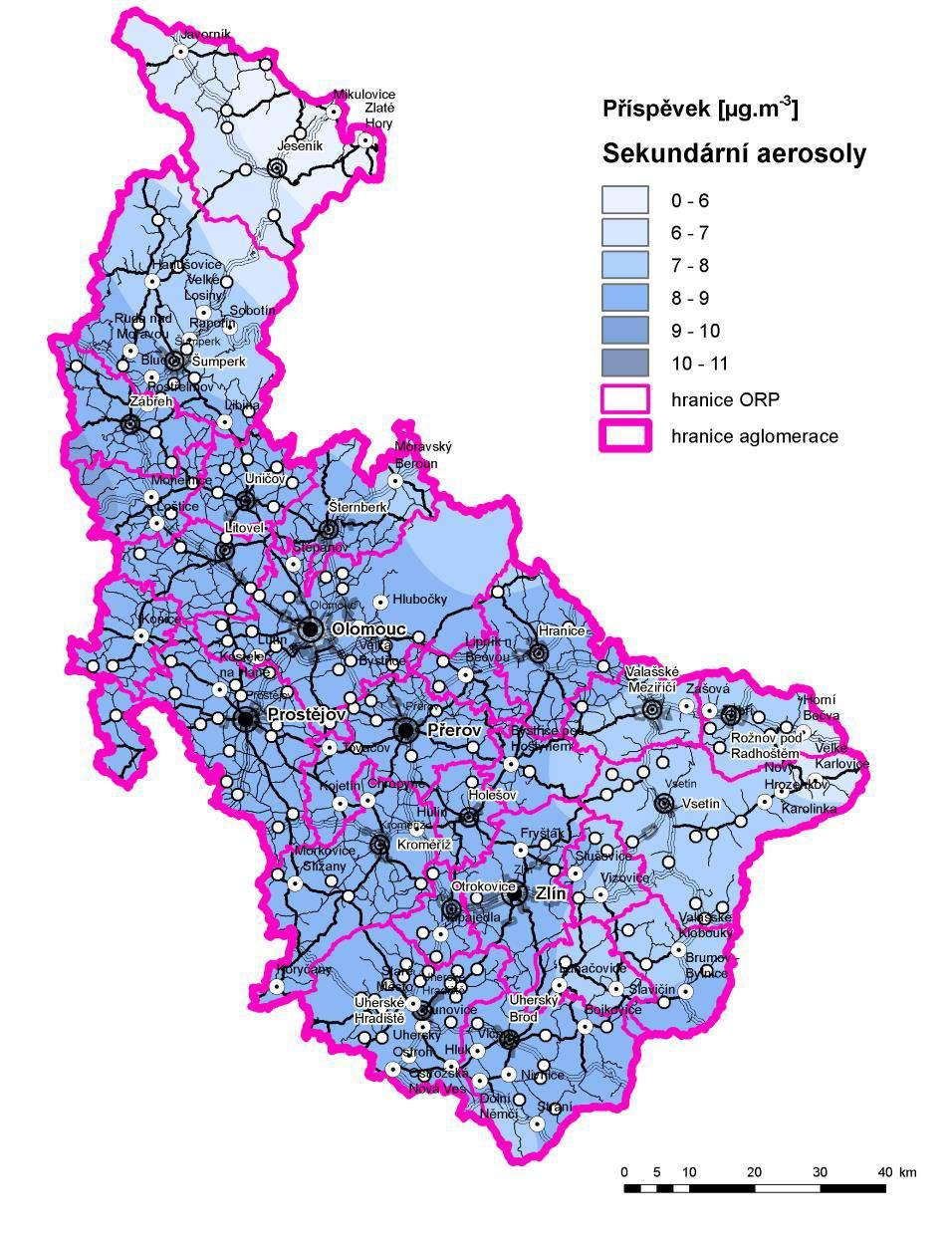 Obrázek 40: Příspěvek skupiny sekundárních aerosolů k průměrné roční koncentraci PM 10, stav roku 2011, zóna CZ07 Střední Morava Průměrné roční koncentrace benzo(a)pyrenu Na imisním zatížení