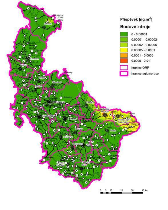 Obrázek 43: Příspěvek skupiny vyjmenovaných zdrojů (Bodové zdroje) k průměrné roční koncentraci benzo(a)pyrenu, stav roku 2011, zóna CZ07 Střední Morava Shrnutí K překračování imisních limitů PM 10