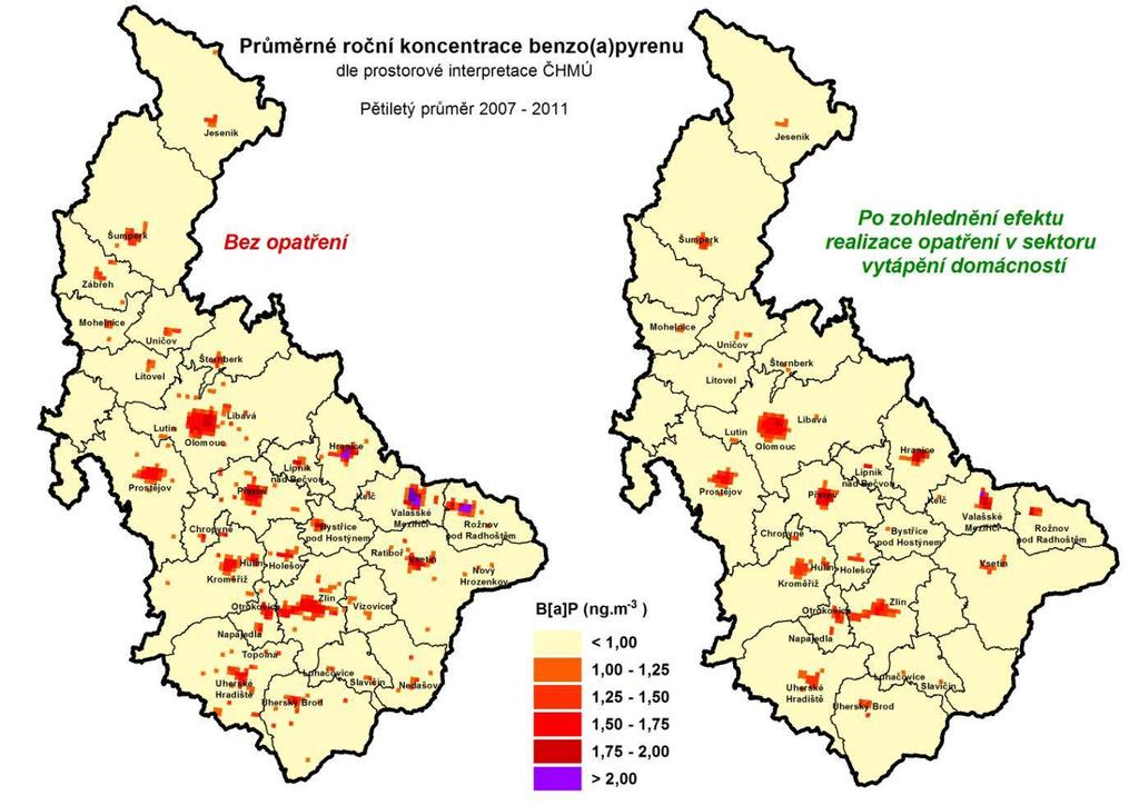 Obrázek 59: Modelové vyhodnocení dopadu nově stanovených opatření v sektoru vytápění domácností, zóna CZ07 Střední Morava F.1.