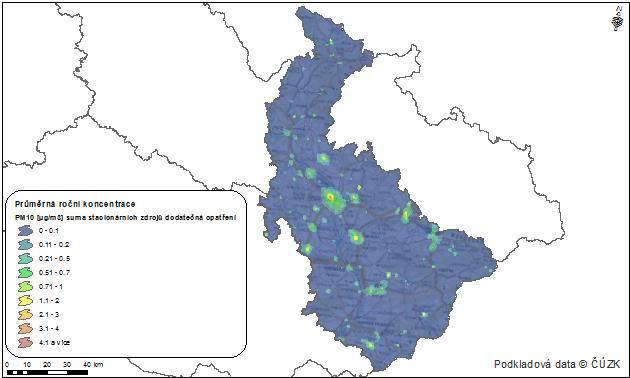 vyjmenovaných zdrojů (bodové zdroje) k průměrné roční koncentraci PM10, zóna CZ07