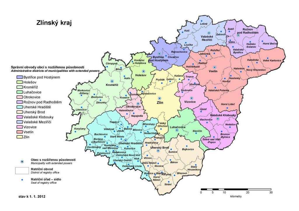 Obrázek 4: Správní členění, Zlínský kraj, zóna CZ07 Střední Morava, členění podle ORP (s vyznačením měst Zlínského kraje) Zdroj: ČSÚ (http://www.czso.cz/csu/2012edicniplan.