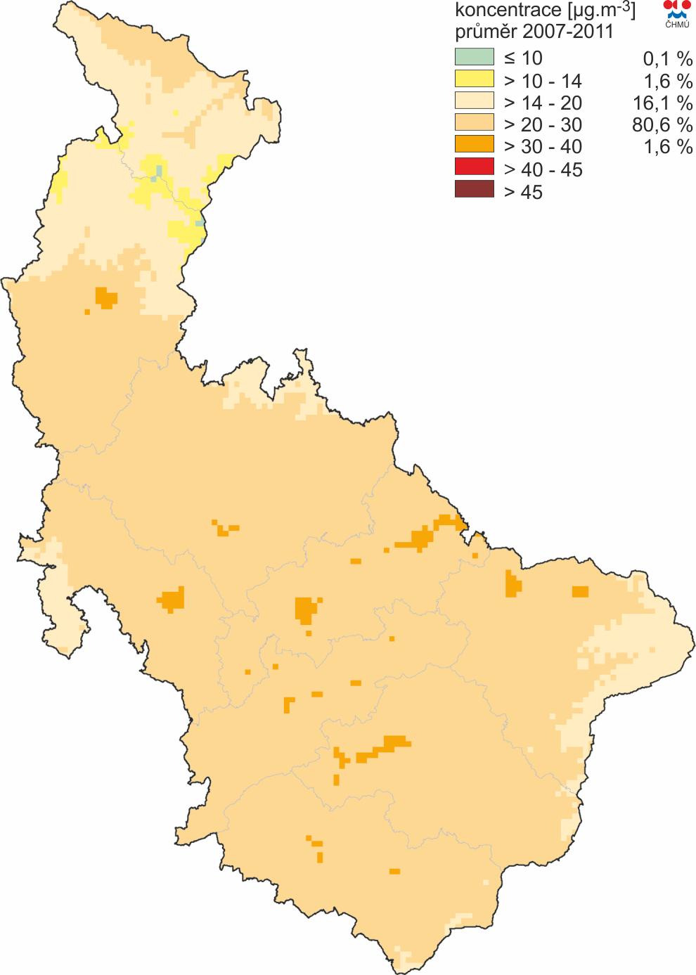 Obrázek 16: Pole průměrné roční koncentrace PM10, zóna CZ07 Střední Morava, pětiletý průměr za roky 2007-2011 Zdroj dat: ČHMÚ Z vyhodnocení pětiletí 2008 2012 pro průměrnou roční koncentraci PM 10 v