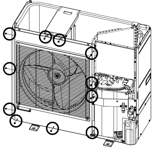 Krok 3 : Odmontujte přední panel (11 šroubů). Vytáhněte panel přímo dopředu tak, aby se nedotknul lopatek ventilátoru.