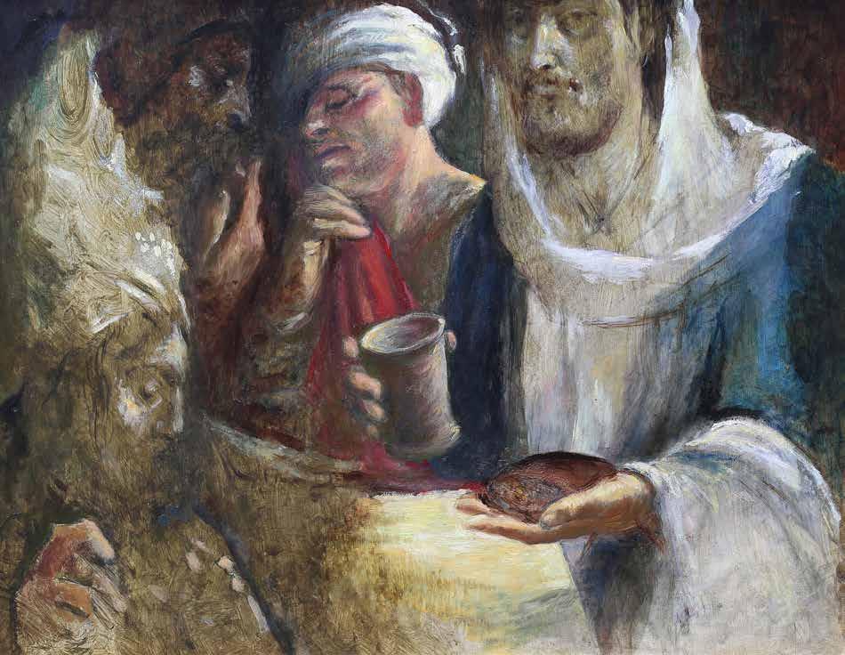 Jidáš podává Kristu pohár, kombinovaná technika, plátno, 60 90 cm, 2018