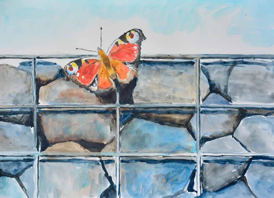 Motýl svobody a totalitní zeď, akvarel, papír, 35 cm 50 cm, 2018