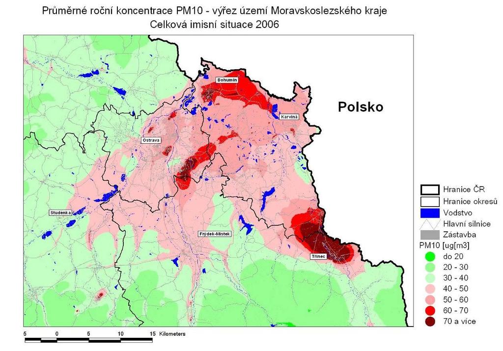 Situace v MSK a Ostravě V kraji 3 špinavé oblasti: Ostravsko Karvinsko/Bohumínsko Třinecko Stav Dlouhodobě překračovány imise PM10 a BaP Vysoká
