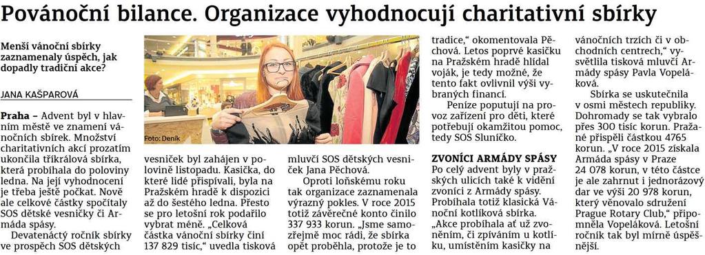 Pražský deník Povánoční bilance. Organizace vyhodnocují charitativní sbírky 19.1.2017 Pražský deník str.