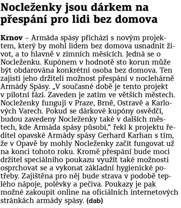 Bruntálský a krnovský deník Nocleženky jsou dárkem na přespání pro lidi bez domova 20.1.