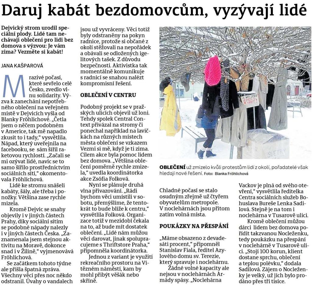 Mělnický deník Daruj kabát bezdomovcům, vyzývají lidé 14.1.2017 Mělnický deník str.