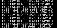 Výpis programu ipconfig, který trval zhruba 95 vteřin a z toho důvodu je pouze částečný ukazuje, že po skončení detekce duplicitních adres, je síťovému rozhraní přiřazeno 240 647 adres a stejně tak