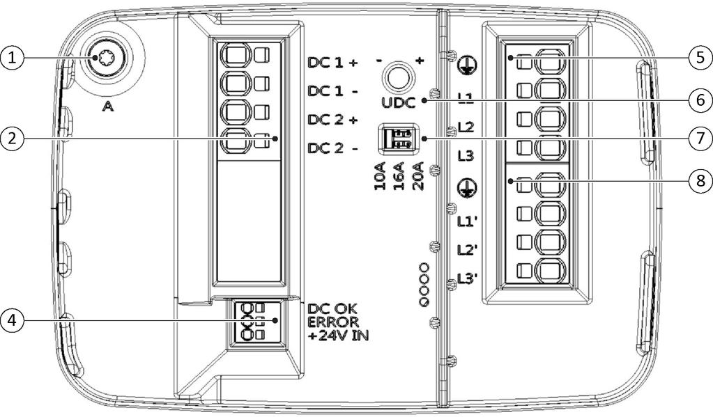 Montáž a instalace HP 5448 1 Připojení na kostru 5 Přípojnice 3 400 V AC 2 Přípojnice 1 48 V DC 6 Potenciometr 48 V DC 7