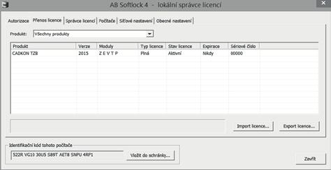 5. Přepněte se na kartu Přenos licence a vyberte produkt, jehož licenci chcete přenést. 6. Klepněte na tlačítko Export licence. 7.