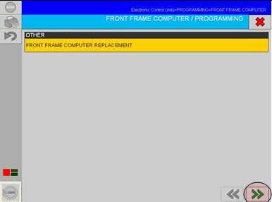 Zvolte FRONT FRAME COMPUTER REPLACEMENT (VÝMĚNA FRONT FRAME COMPUTER) a pokračujte stisknutím zelené šipky. Protože starý FFC je vybaven nečitelnou ECU, E.A.SY.