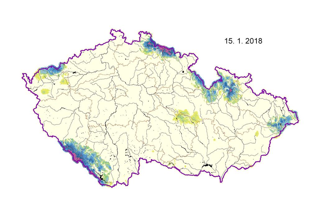 Sněhová vodní hodnota [mm] 0 2 5 10 20 50 100 150 200 500 750 1000 2000 Obrázek: Přehled rozložení vodní hodnoty sněhu (SVH) na území ČR v lednu 2018.