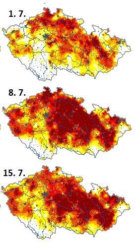 nedostatku vody. Proto odhady snížení výnosů kvůli suchu udávají pokles s časovým posunem oproti epizodě sucha. Pokles výnosu počítáme oproti průměrnému výnosu za poslední tři roky.