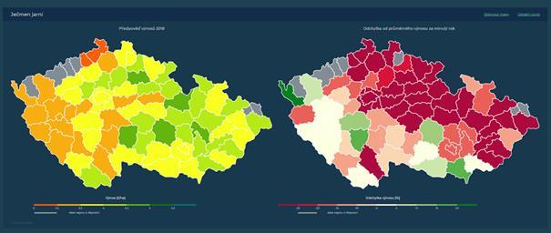 Obr. 3.13.: Detail mapové části portálu www.vynosy-plodin.cz V levé části karty je vždy zobrazena hlavní mapa, která představuje v daném týdnu odhad výnosů v t/ha.