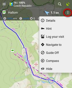 2019/02/15 03:22 5/14 Podrobnosti - otevře obrazovku s podrobnými informacemi o bodu Nápověda - aktivní, pokud se navádí na keš Načíst všechny waypointy - aktivní, pokud naváděná keš obsahuje dílčí