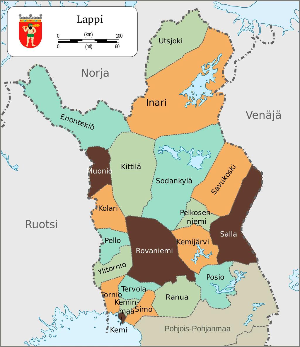 Obrázek 4. Laponsko (severní provincie Finska) a jeho správní obce. <https://pl.wikipedia.