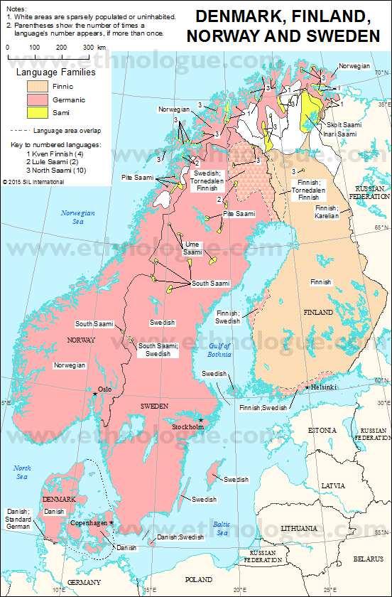 Obrázek 6. Mapa jazyků ve Skandinávii a Finsku <http://www.ethnologue.