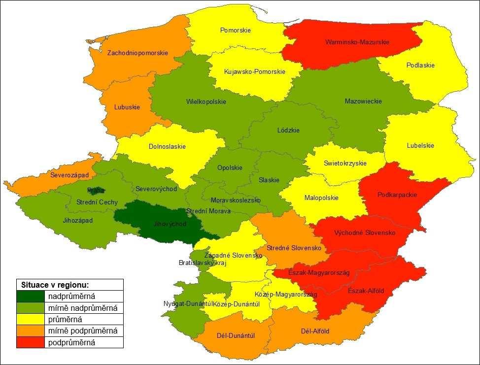Kategorie kde je situace nejhorší mírně podprůměrná, kterou tvoří 6 regionů a podprůměrnou, kterou vykazuje 5 regionů. Nadprůměrná situace je evidována pouze ve dvou regionech. Obr.