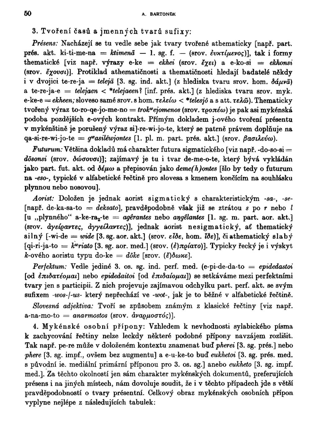 50 A. BARTONĚK 3. Tvoření časů a jmenných tvarů sufixy: Présens: Nacházejí se tu vedle sebe jak tvary tvořené athematicky [např. part. pres. akt. ki-ti-me-na = ktimená 1. sg. f. (srov.