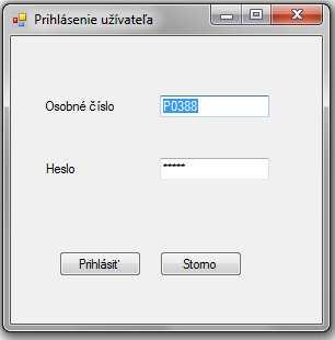 nachádza v databáze pri danom osobnom čísle. V prípade nezhody mena, alebo hesla nie je možné sa do aplikácie prihlásiť.