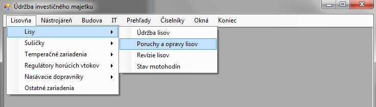 Obrázok 6: Úvodný formulár Na obrázku vidíme členenie položky Lisovňa. Rovnakým spôsobom je rozdelená položka nástrojárne.