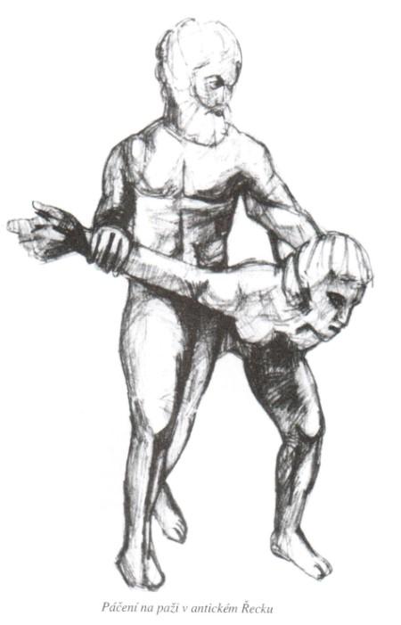 Obr. č. 3 Páčení na paži v antickém Řecku (Weinmann, 2010) Amerika V Severní Americe měli indiáni jako bojová umění zejména hod tomahavkem a střelné šípy. Známé bylo i tzv.