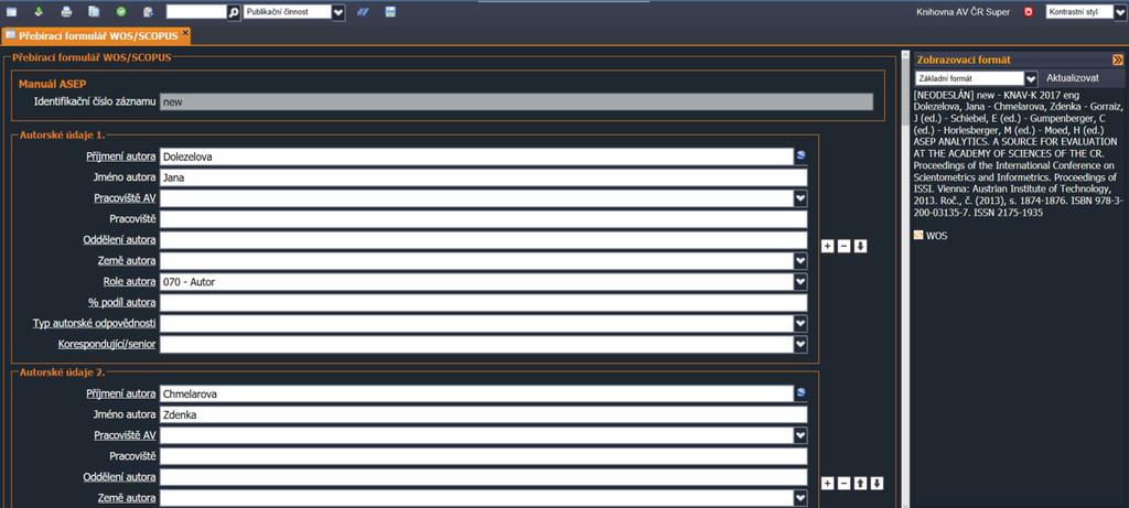 Import WOS, SCOPUS ve formulářích Přebírací formulář 3a.