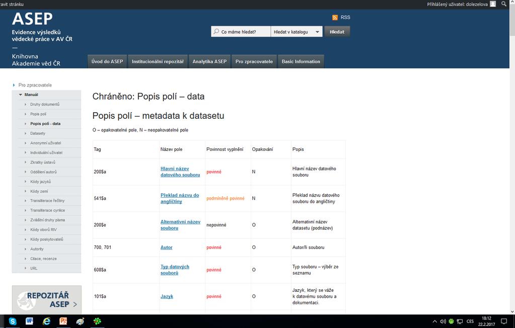 Datový repozitář ASEP Data popis datové struktury