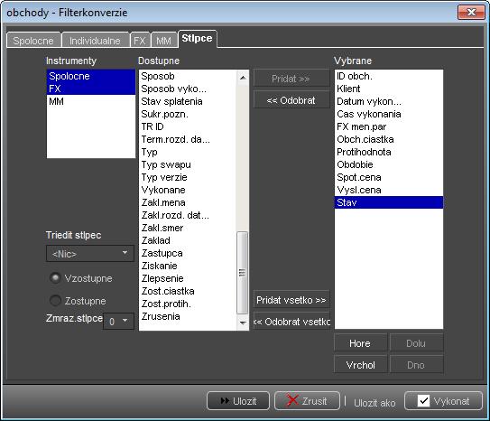 A v záložke Stlpce pri vybratých inštrumentoch Spolocne a FX zo zoznamu dostupných