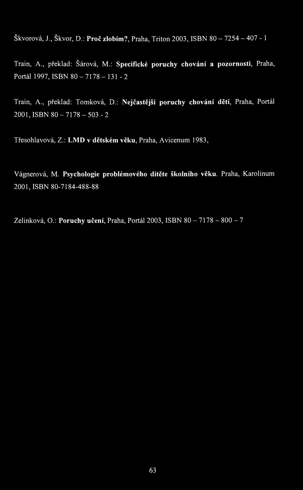 Škvorová, J., Škvor, D.: Proč zlobím?, Praha, Triton 2003, ISBN 80-7254 - 407-1 Train, A., překlad: Šárová, M.