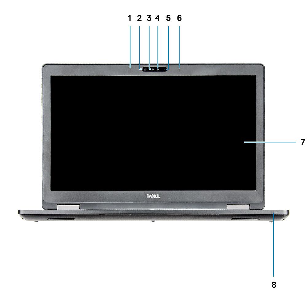 2 Pohled na šasi Front open view 1 Array microphone 2 Infrared (IR) camera (optional) 3 Infrared (IR) emitter (optional) 4 Camera status light (optional) 5 Camera