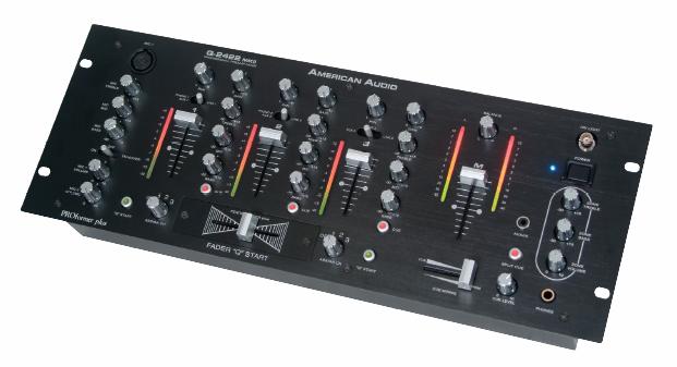 American DJ Q-2422 MKII Příručka pro rychlé spuštění Feather Fader Q-Start Vstupy: 2x phono, 4x line, 3x univerzální a 2x mikrofon Vyvážené výstupy Korekce pro každý kanál 3 kanalový mixér On/Off