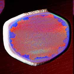 This is the main scientific message of these images: different colors mean different electronic structure! About 4 monolayers of Tb on W(110), annealed at 330 C.