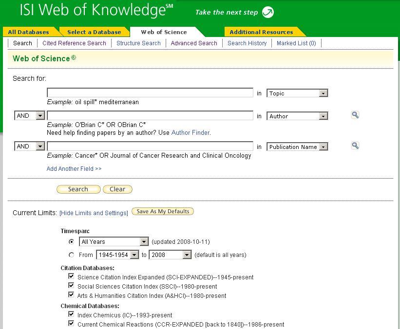Obr. 5 Úvodní obrazovka databáze ISI Web of Science s rozhraním jednoduchého vyhledávání Databáze ISI Web of Science disponuje uživatelsky přívětivým jednoduchým vyhledávacím rozhraním.