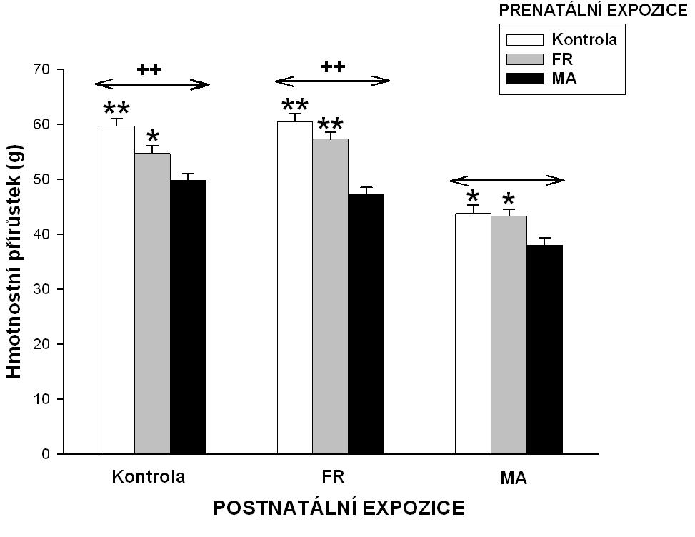 5.2.2 Porodní hmotnost Porodní hmotnost mláďat byla ovlivněna prenatální expozicí [F(2,162)=87,08; p<0,0001] a pohlavím [F(1,162)=4,68; p<0,05]; interakce mezi pohlavím a prenatální expozicí nebyla