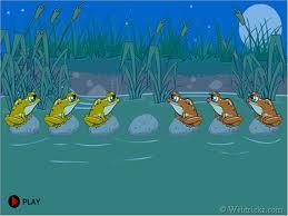 Příklad 8 Žabičky Máte sedm kamenů a šest žab. Výchozí pozice zelených a hnědých žab jsou odděleně na opačných koncích rybníčku.