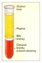 Tvořena krevní plazma (55 %) krevní částice (45 %): erytrocyty (červené krvinky) leukocyty (bílé krvinky)