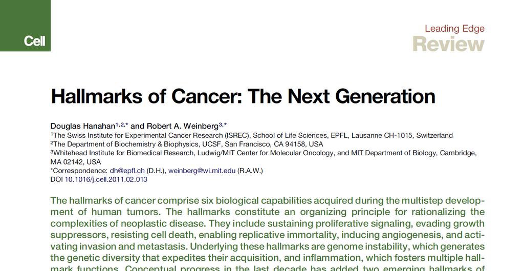 Hallmarks of Cancer: 2011 Hanahan D, Weinberg RA.