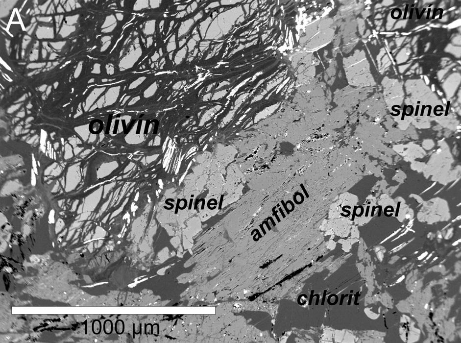 Obr. 2: Minerální asociace hornblenditu: A spinel-olivínová část; B chlorit-amfibolová část s relikty diopsidu. Bílý minerál je hematit (odražené elektrony). Fig.