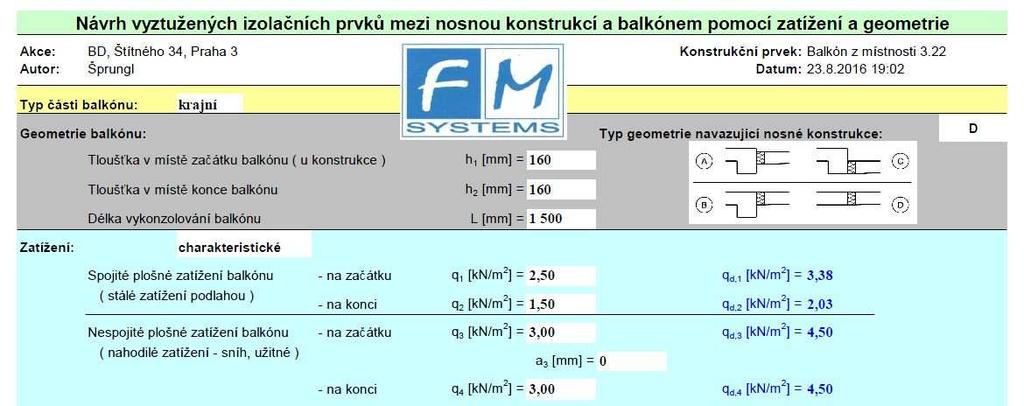 Návrh na základě zadání zatížení a geometrie balkónu Tato varianta umožňuje zadání geometrie balkónu, pozici izolačního prvku v půdoryse balkónu ( u krajů se koncentrují