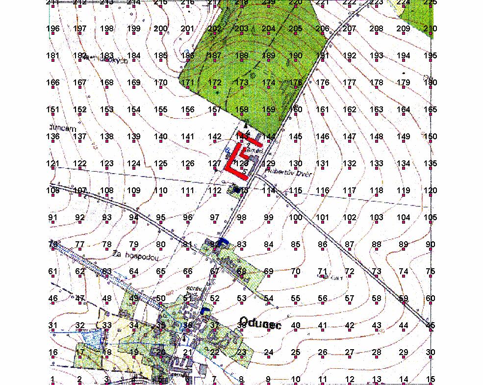 dlouhá 1400 m, což odpovídá 15 bodům. Ve směru osy Y, která míří k severu je oblast dlouhá 1400 m, což odpovídá 15 bodům.