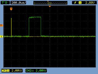 3: Ukázka signálů na pin TRIG (žlutá) a ECHO (zelená) pro různou