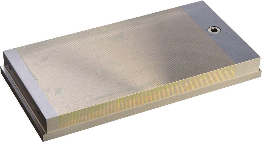 Neospark EDM + Pevná upínací deska s příčným pólováním + Rozdělení pólů je 1,4 mm ocel a 0,5 mm mosaz + Životnost (limit přebroušení): 7 mm + Neodymiový