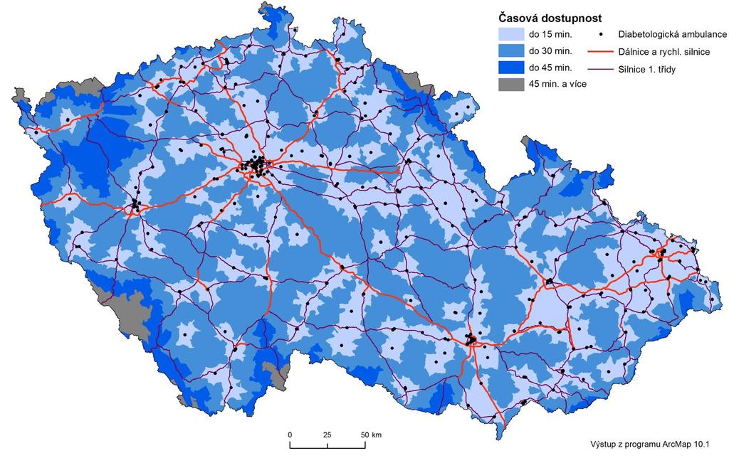 Časová dostupnost diabetologických ambulancí model 1 do 15 min.