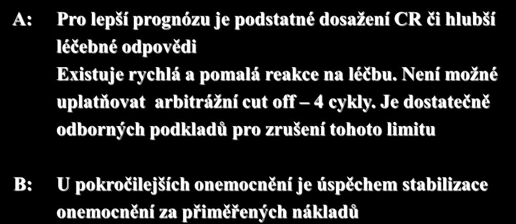 Závěr pro podmínku B: stop léčby pokud není dosaženo PR po 4 cyklech léčby A: Pro lepší prognózu je podstatné dosažení CR či hlubší léčebné odpovědi Existuje rychlá a pomalá reakce na léčbu.